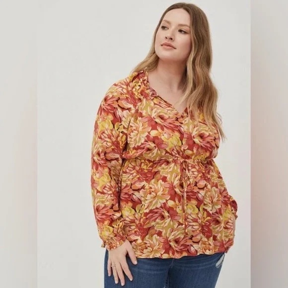 TORRID FALL ORANGE FLORAL RAYON CREPE TIE WAIST PEASANT TOP 2X 18-20 - Picture 1 of 16